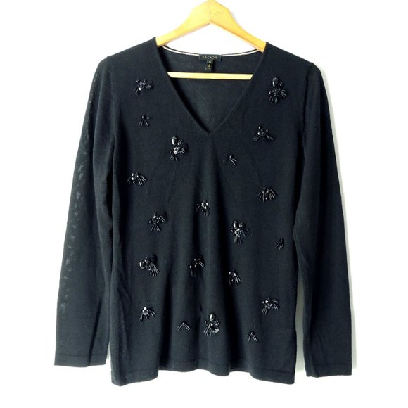 Escada black V-neck jewel embellished Virgin Wool sweater top size M made Italy - Picture 2 of 13